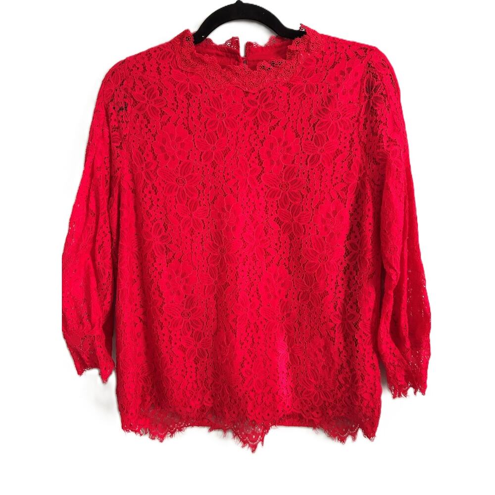 EUC Alice Blue ¾ Sleeve Red Floral Pattern Lace Overlay Top Pearl Buttons *Large